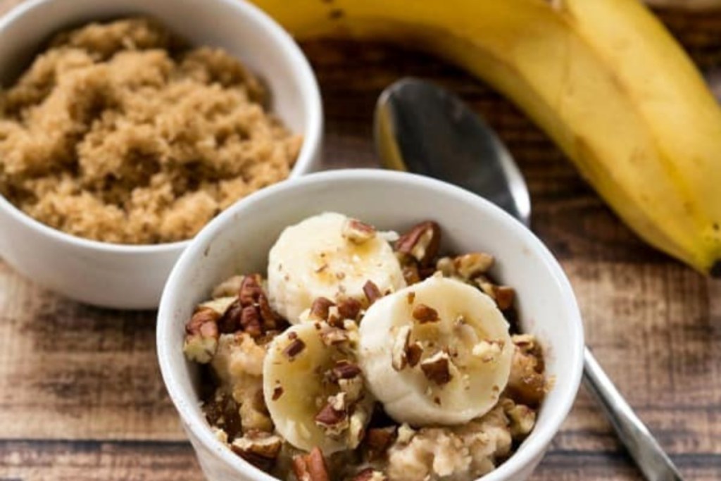 banana oatmeal in white bowls