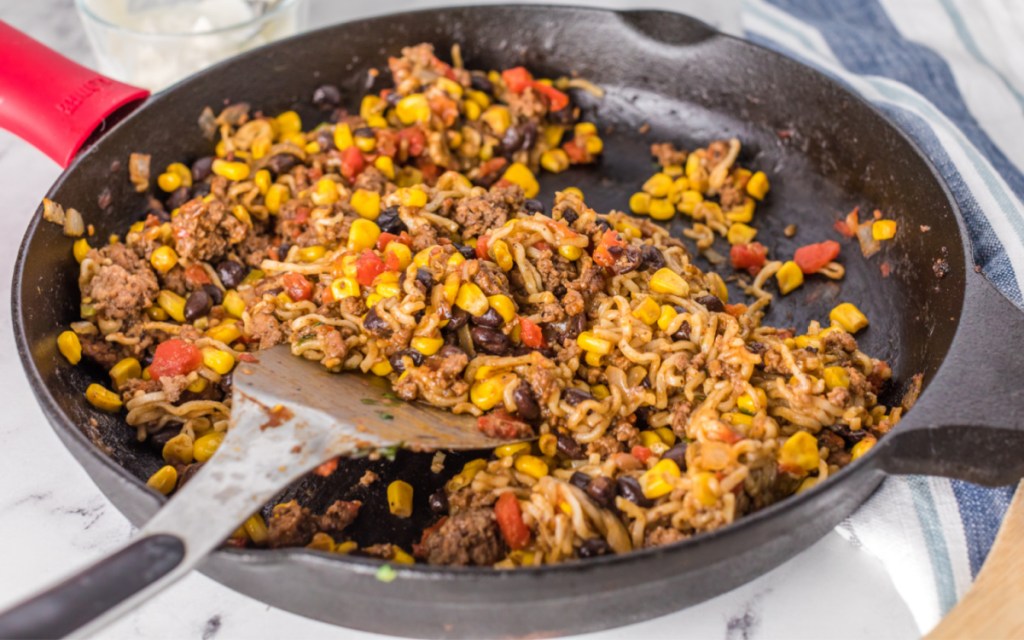 ramen noodle taco bowl in skillet