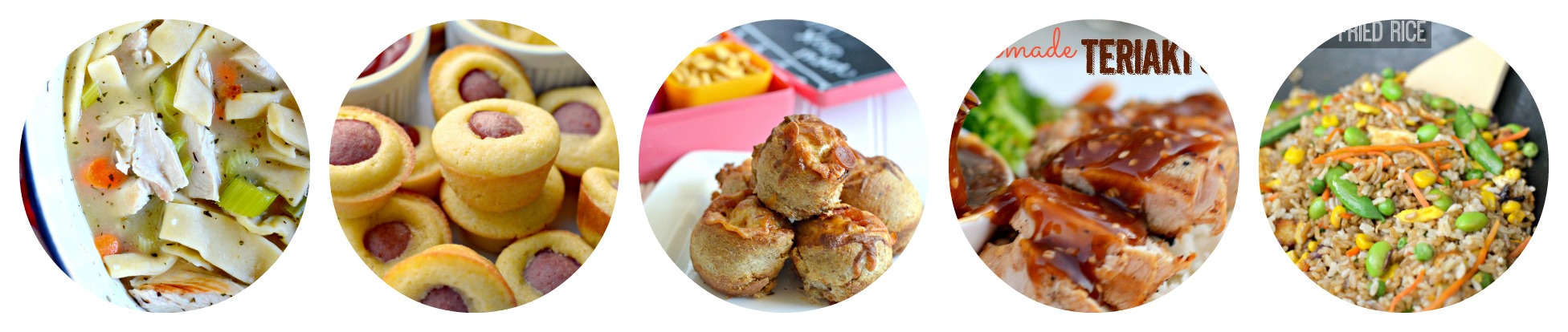 Hot Lunch Ideas for Kids including noodle soup, corn dogs bites, and teriyaki chicken