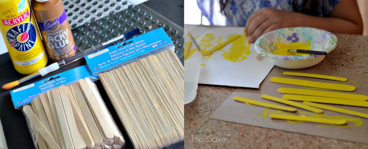 Popsicle school bus craft idea with yellow painted popsicle sticks