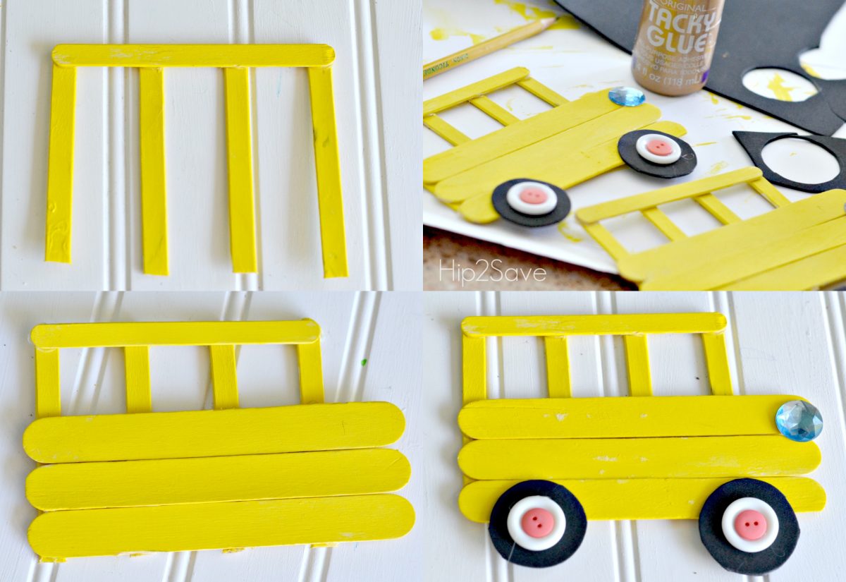 the four steps of assembling the school bus craft from yellow popsicle sticks