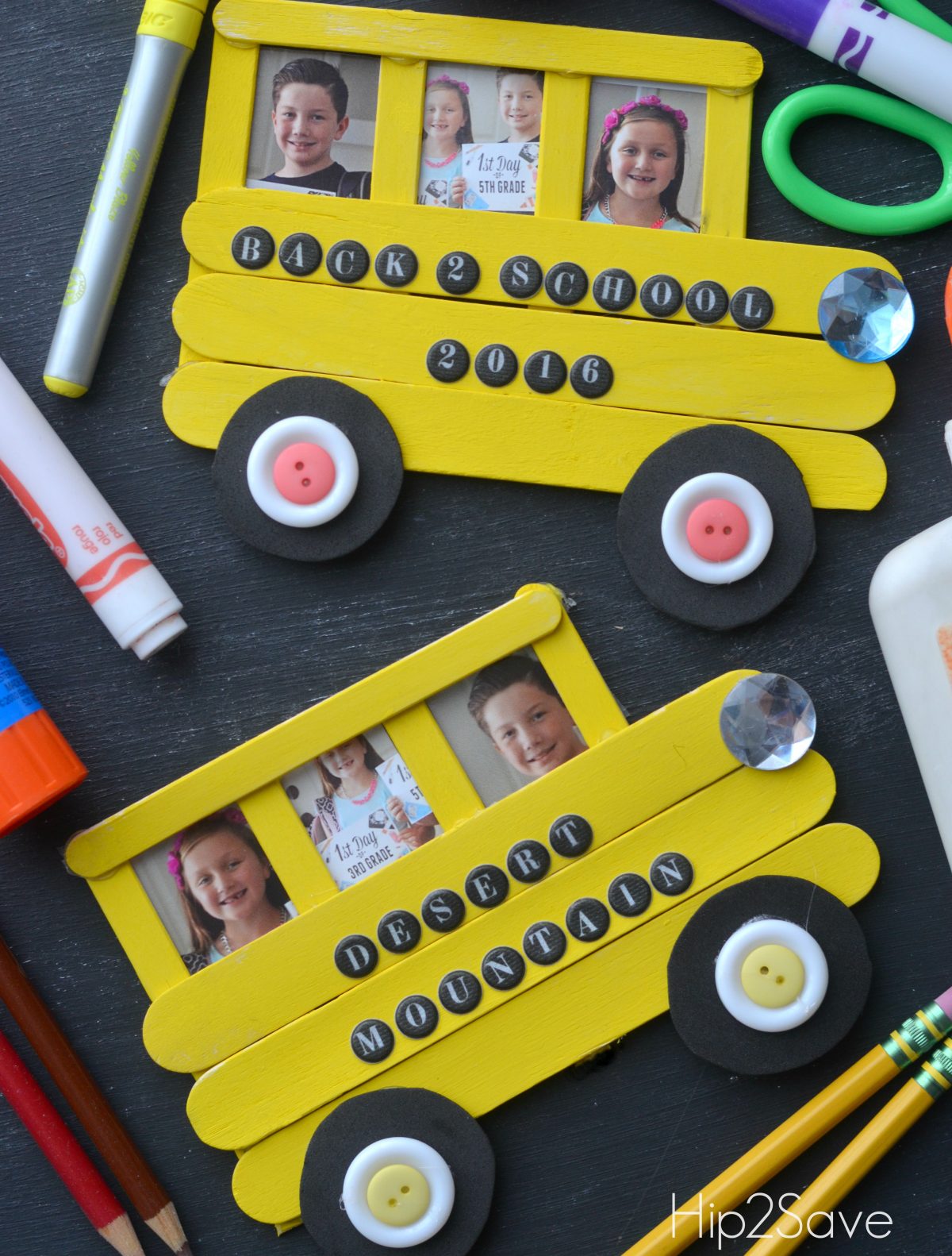 School Bus Craft from Craft Sticks with kids pictures inside