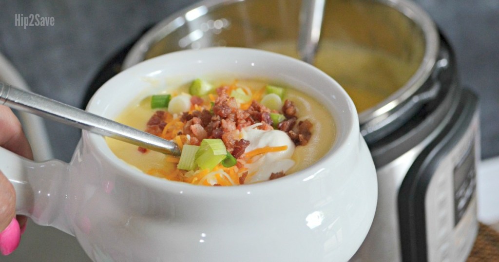 baked potato soup in white bowl