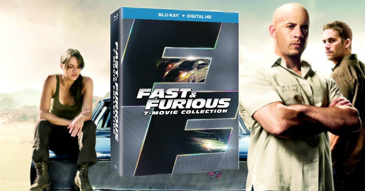 fast and furious 7-movie collection box set with movie shot in background