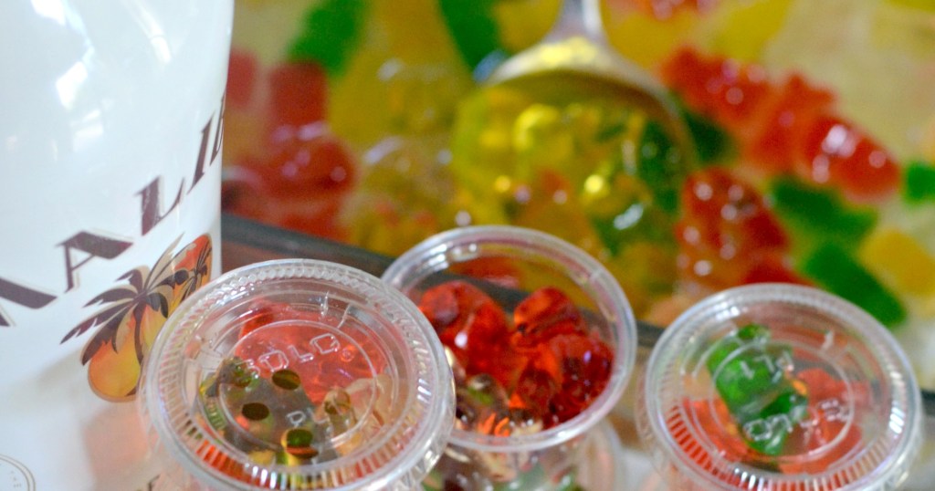 rummy bears in a dish with alcohol