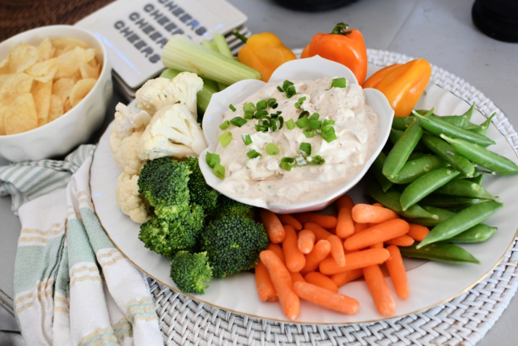 french onion dip with veggies and chips