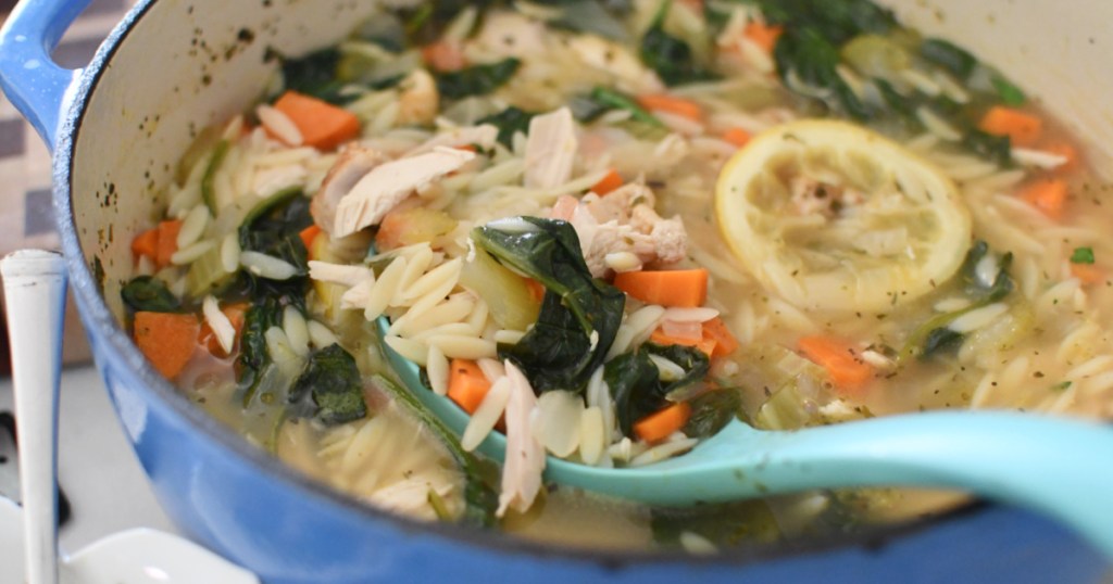 chicken lemon orzo soup in a large pot 