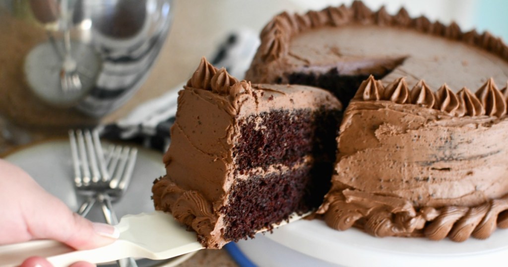 slicing a piece of chocolate cake