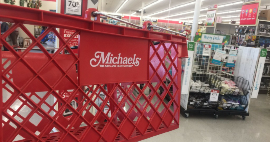 close up of michaels red shopping basket