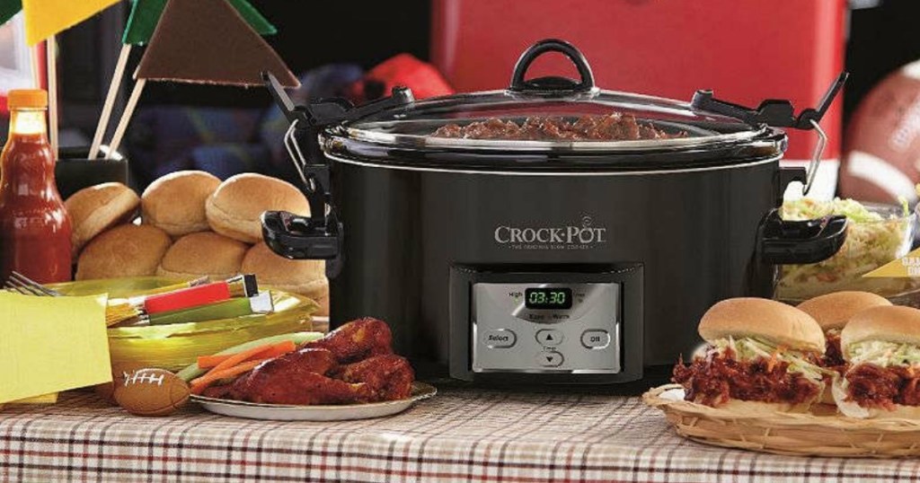 black crock pot on picnic table