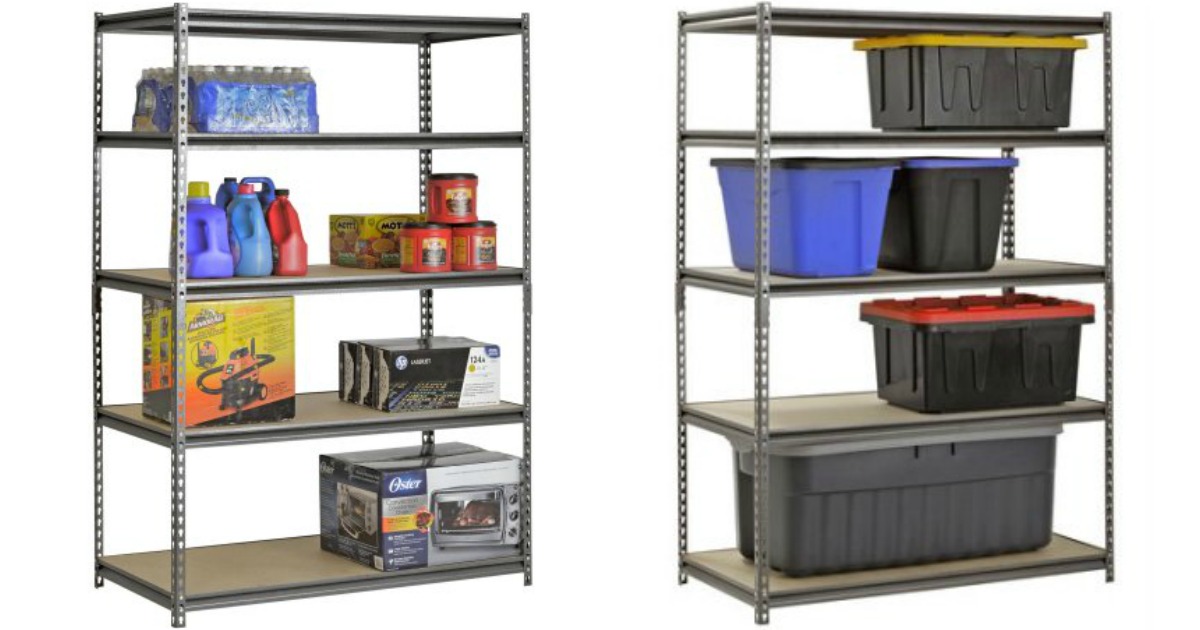 Muscle Rack Shelving with water bottles, detergent, car vacuum, and plastic storage totes