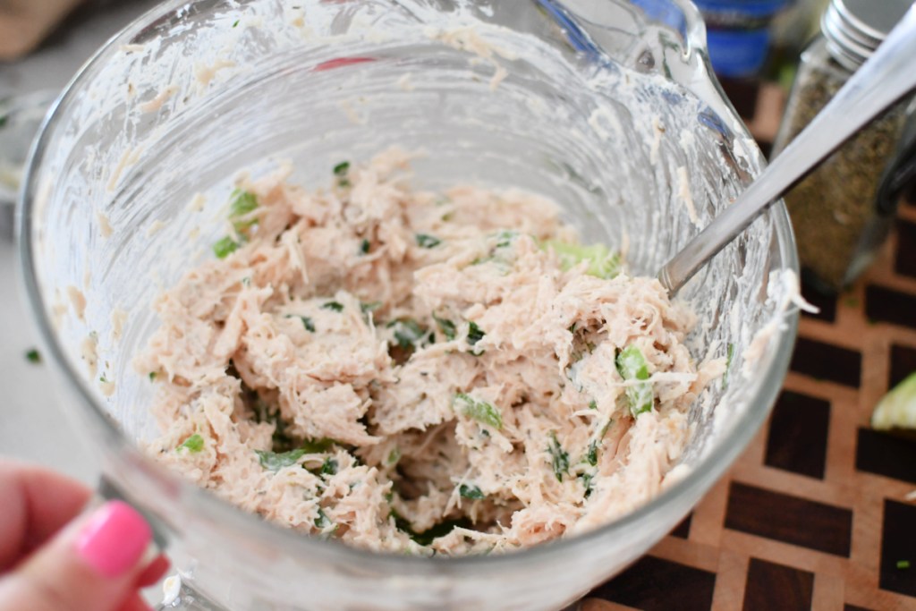 mixing bowl with chicken salsd