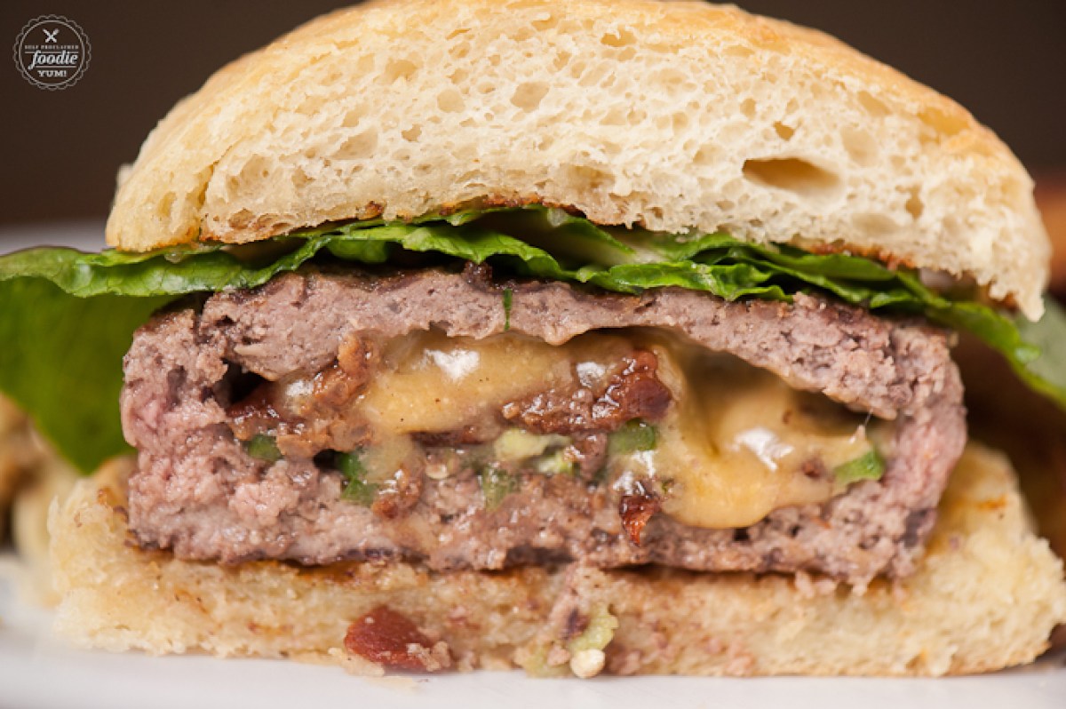 burger stuffed with bacon, jalepeno, and cheese