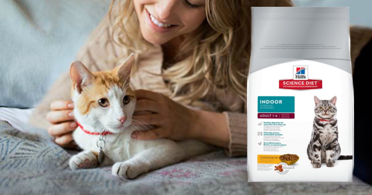 woman petting cat near a bag of cat food