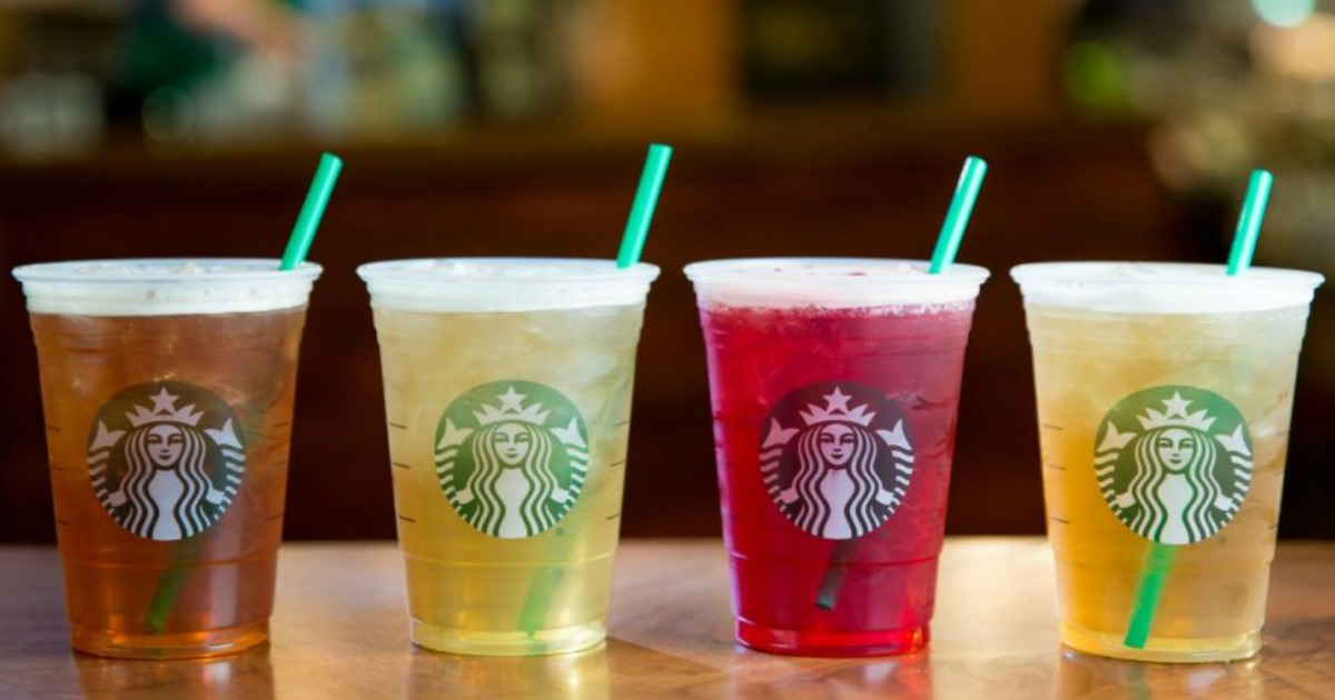 Four varieties of Starbucks sugar-free drinks over ice