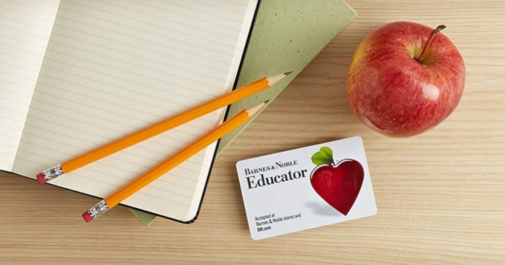 Barnes and Noble Educator card, pencils, apple, notebook