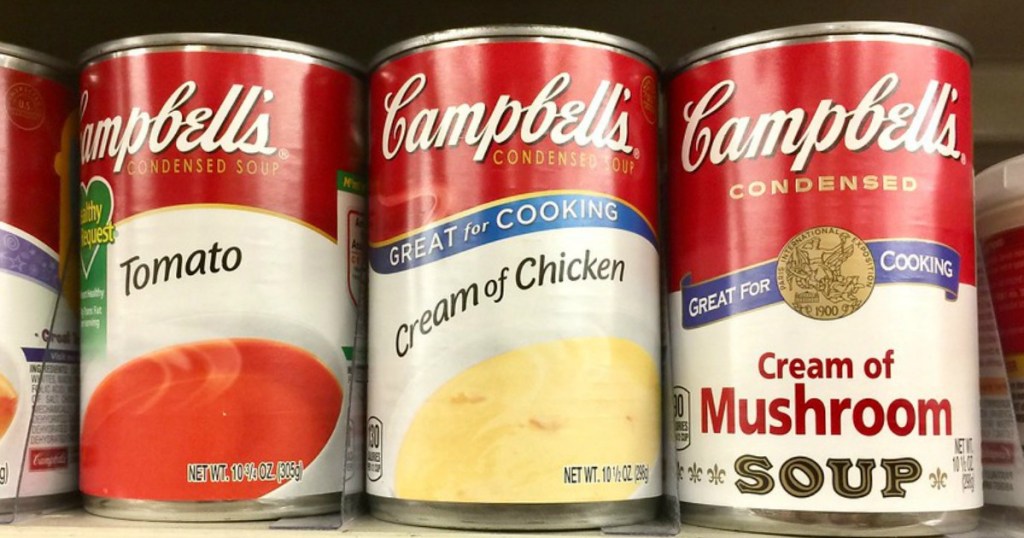 three cans of soup on shelf 