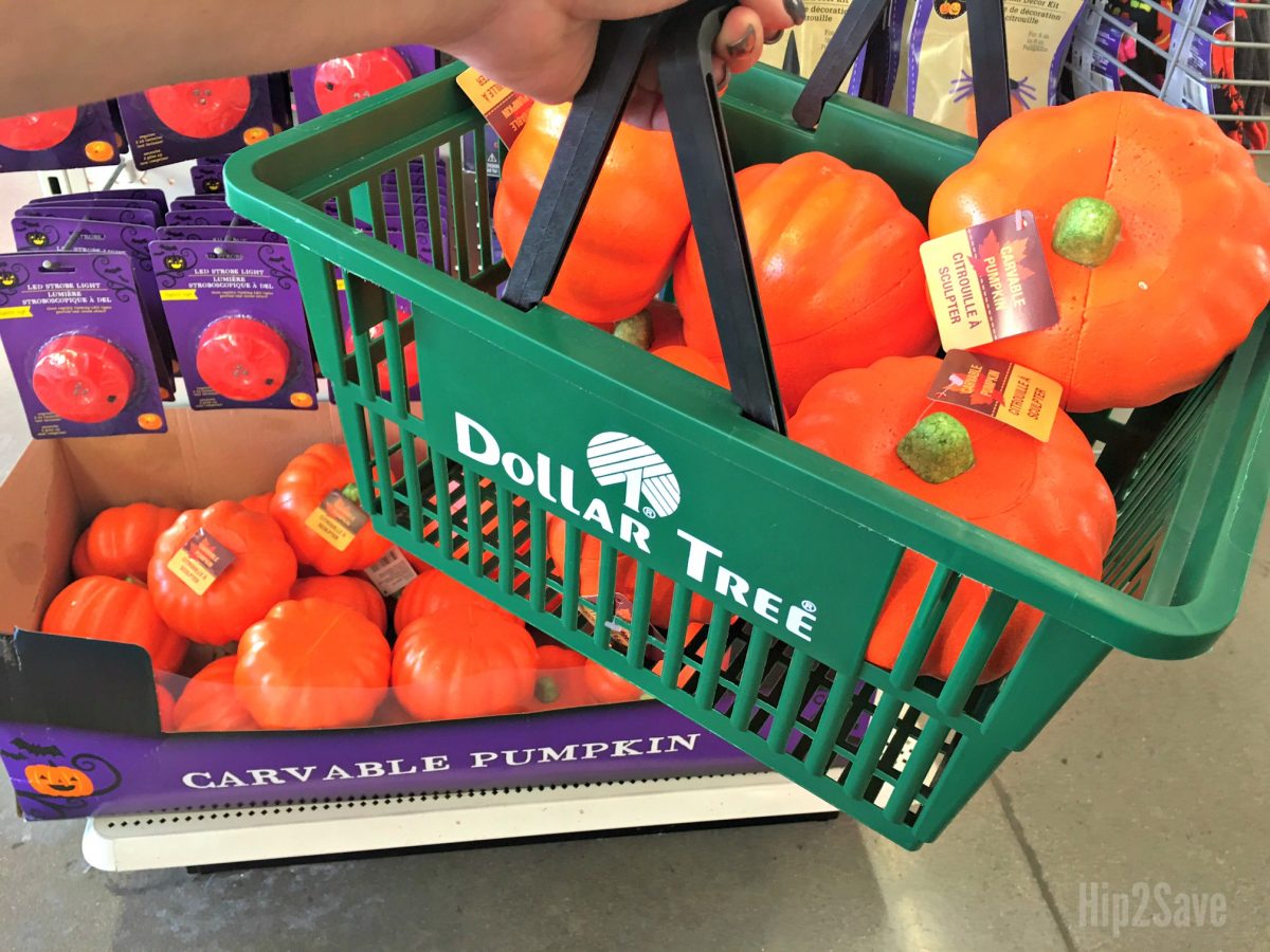 styrofoam pumpkins in Dollar Tree basket