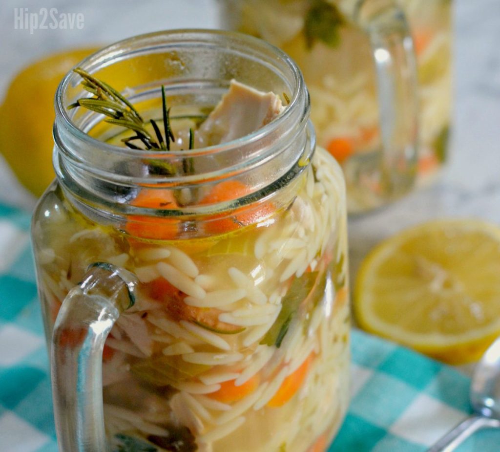 chicken orzo soup in mason jars