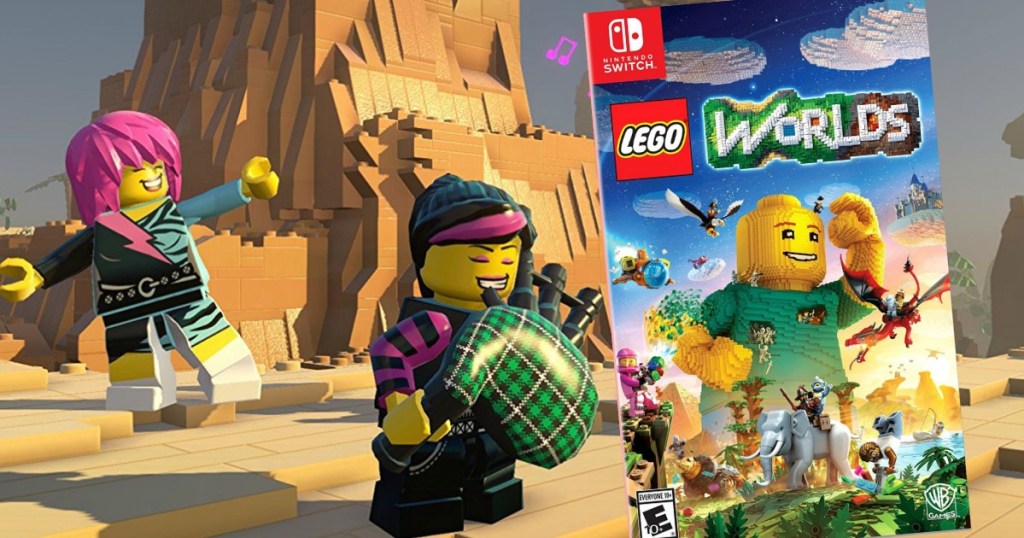 lego worlds game screen shot with nintendo switch video game in corner