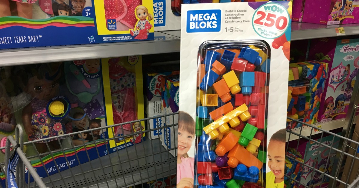 big box of mega bloks in a walmart store cart