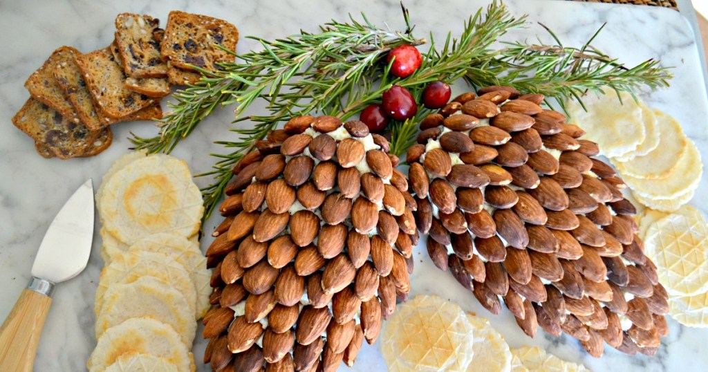 pinecone cheese ball on a cutting board