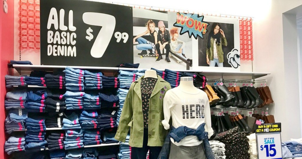 Wall of children's jeans at The Childrens Place 