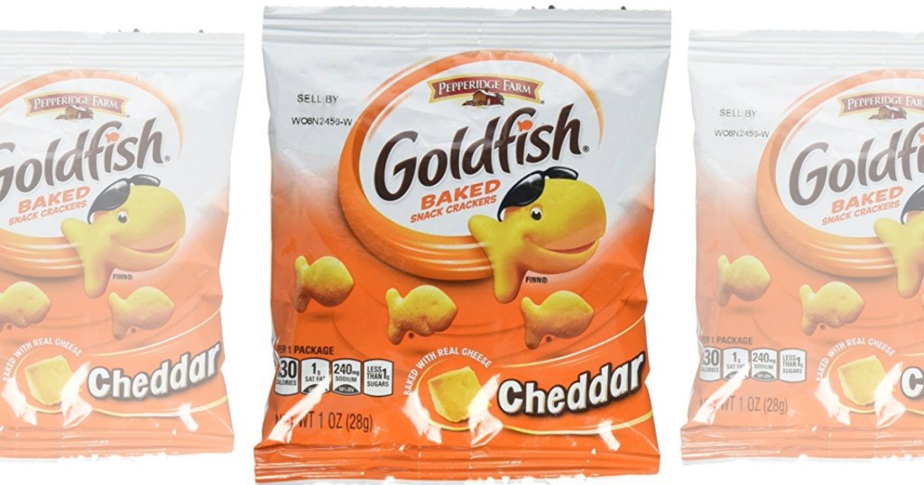 snack size bags of goldfish crackers on white background