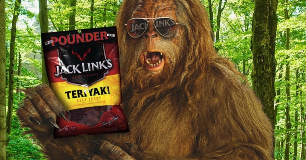Sasquatch holding jack links teriyaki beef jerky 