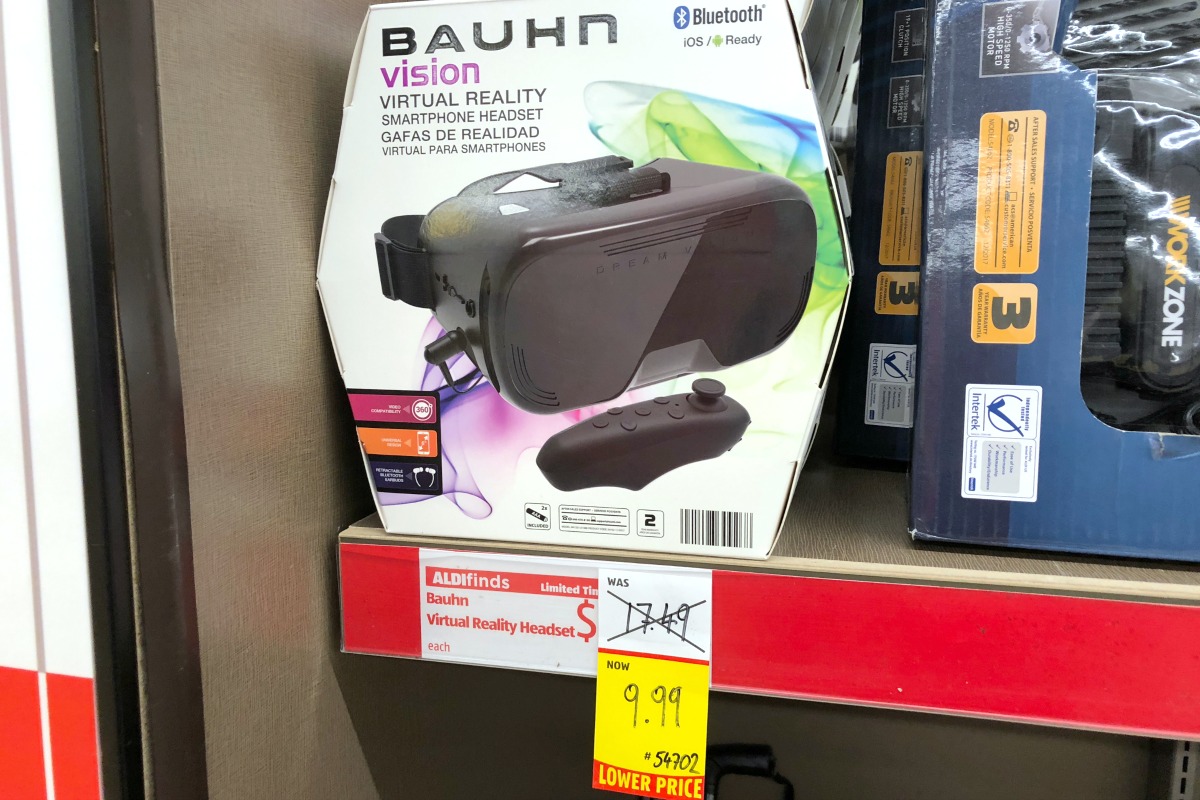 Virtual reality headset on store shelf with sale sign