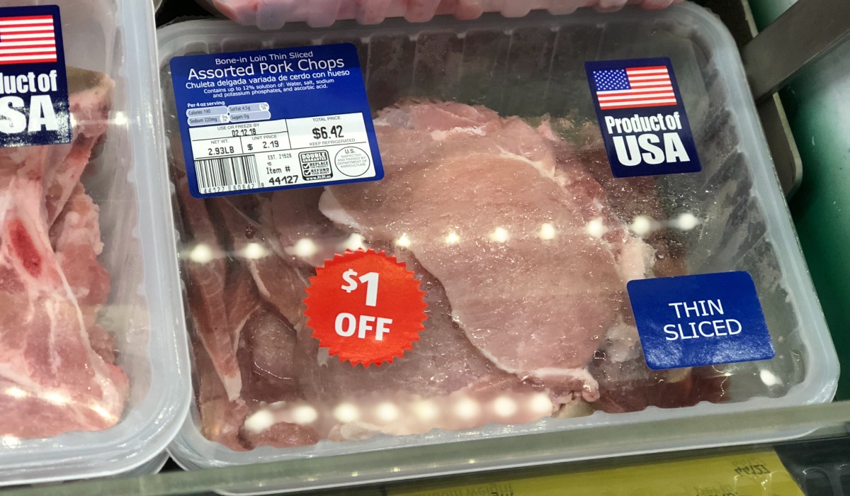 aldi pork chops in packaging on store shelf