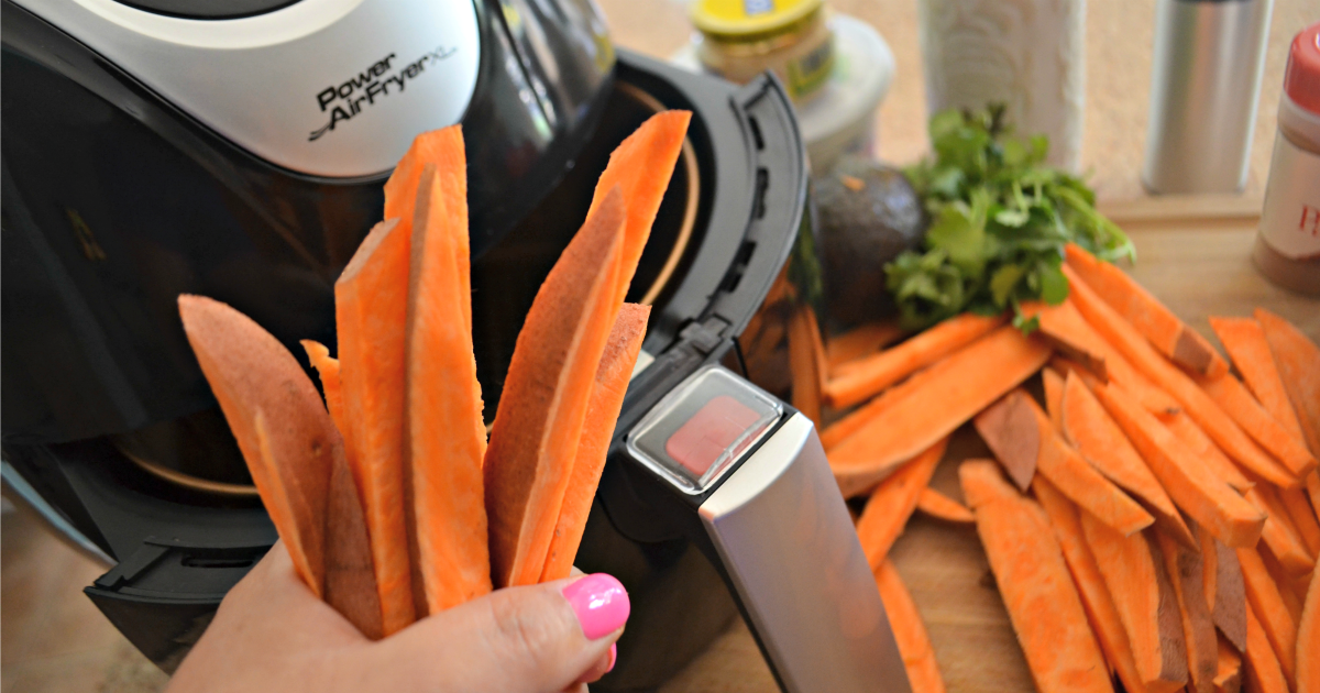 These air fryer sweet potato fries with avocado dipping sauce are a new family favorite