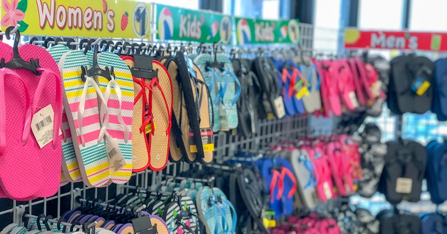 flip flops hanging in dollar tree store aisle