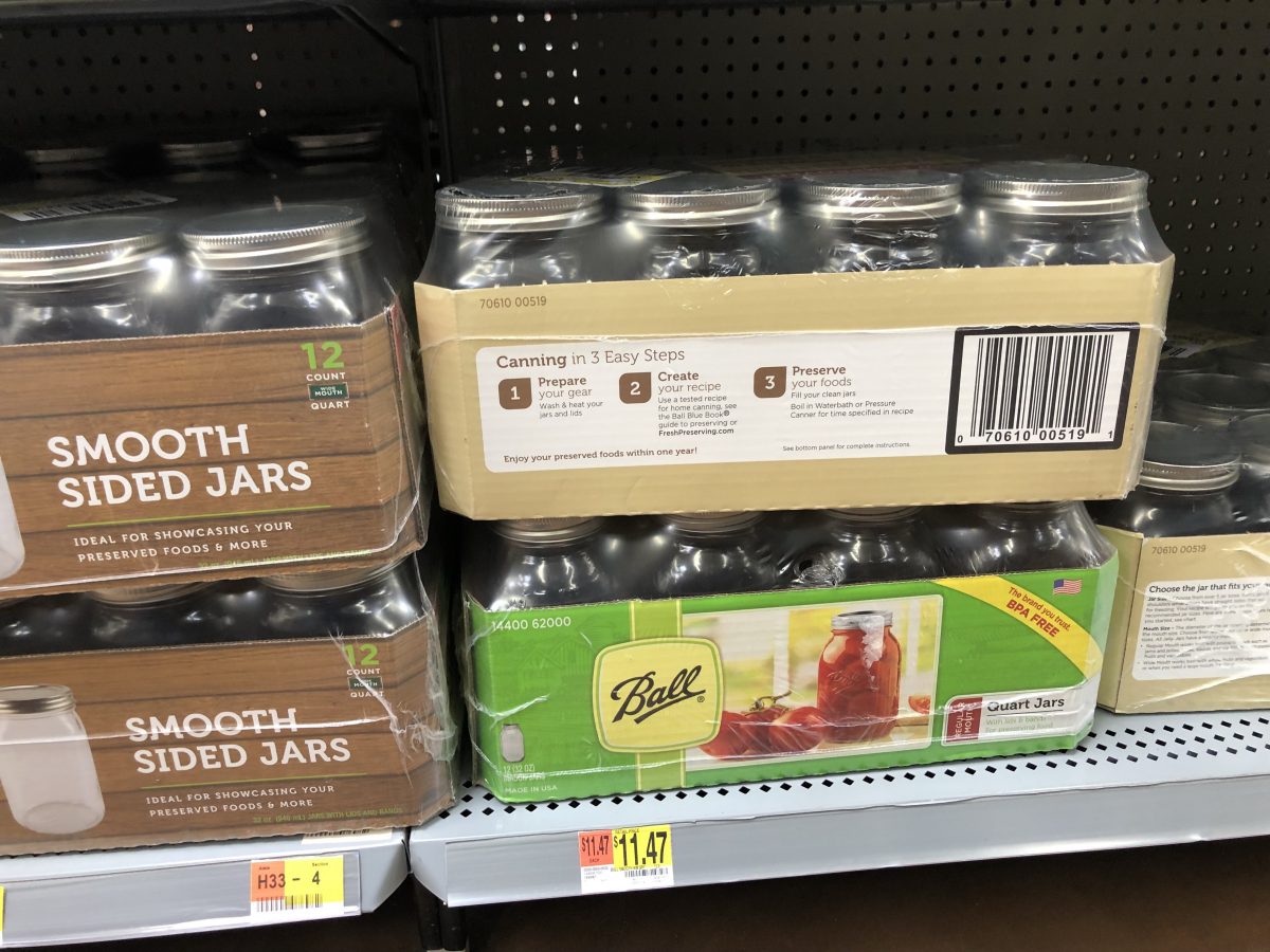 ball canning jars in packaging on a store shelf