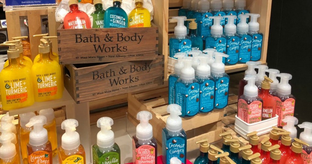 Bath & Body Works hand soaps displayed in crates and on shelves