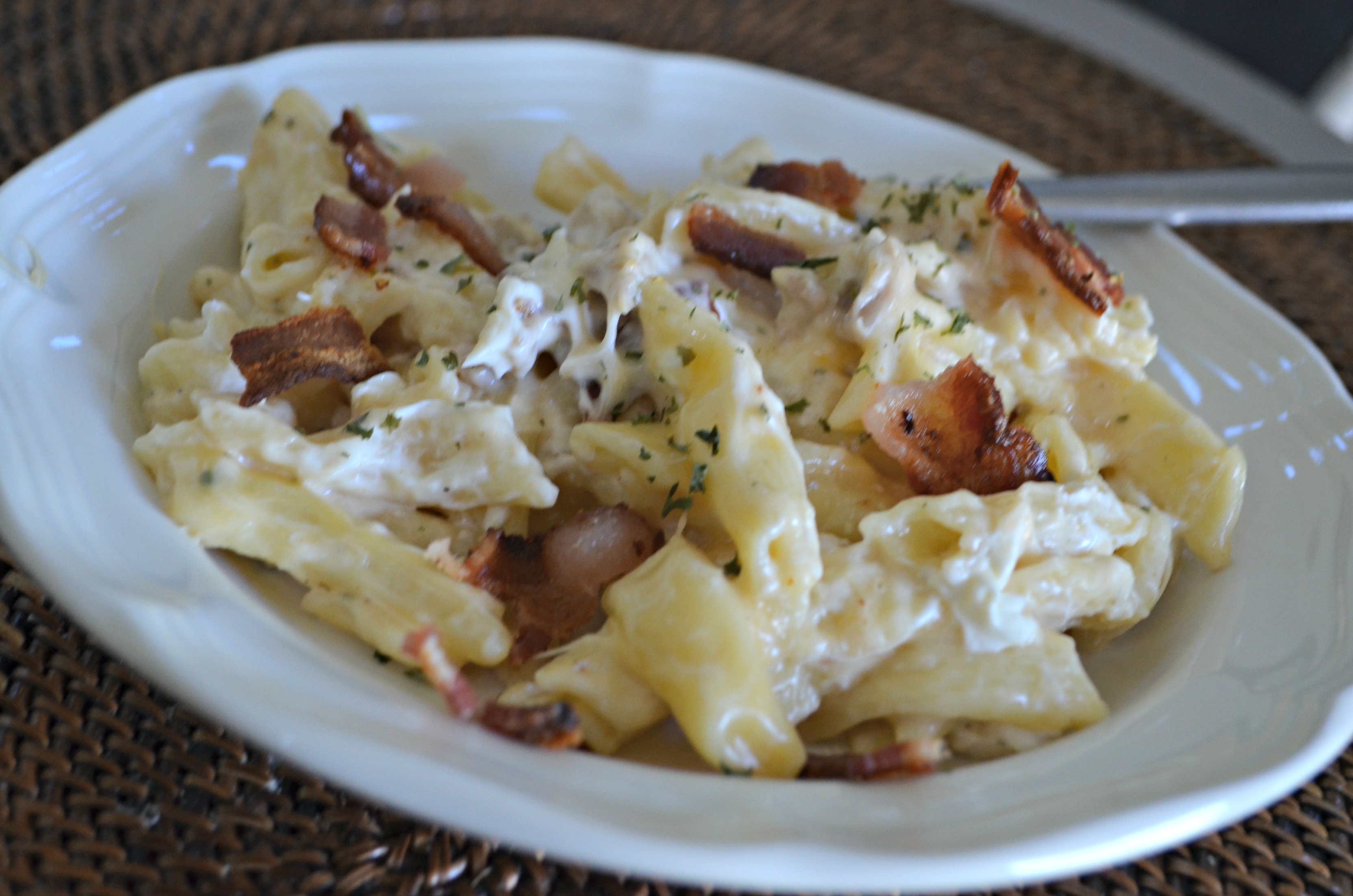 chicken bacon ranch pasta in dish