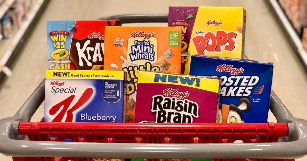 various Kellogg's cereals in a Target cart