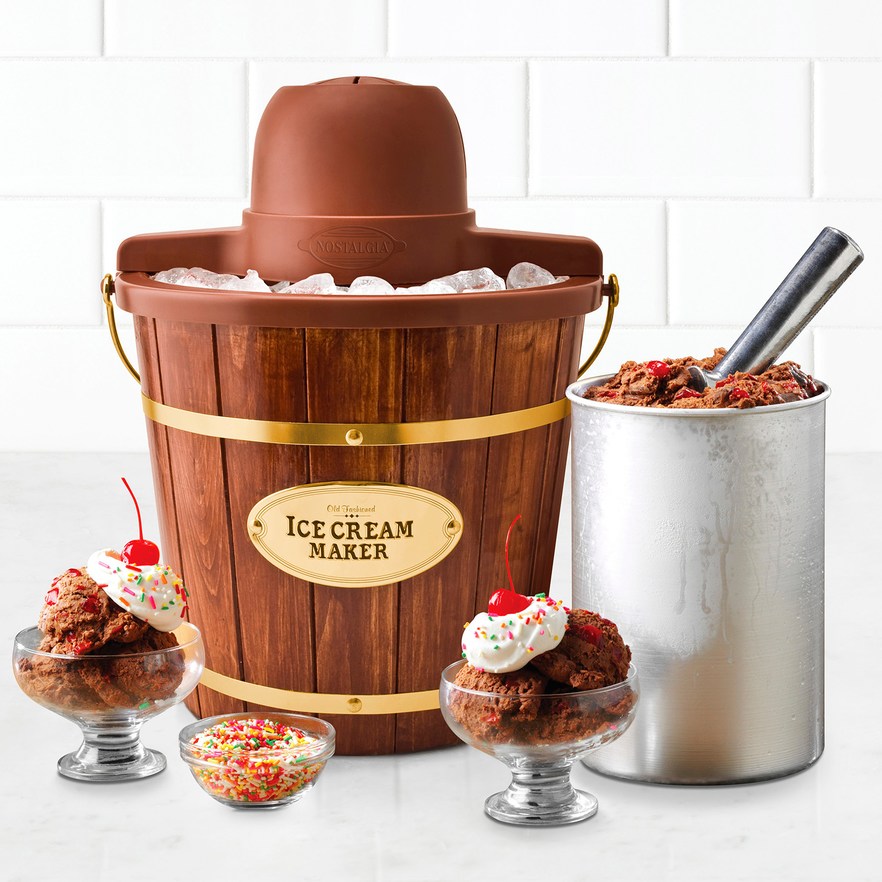 nostalgia electric ice cream maker bucket style shown with ice cream in dishes