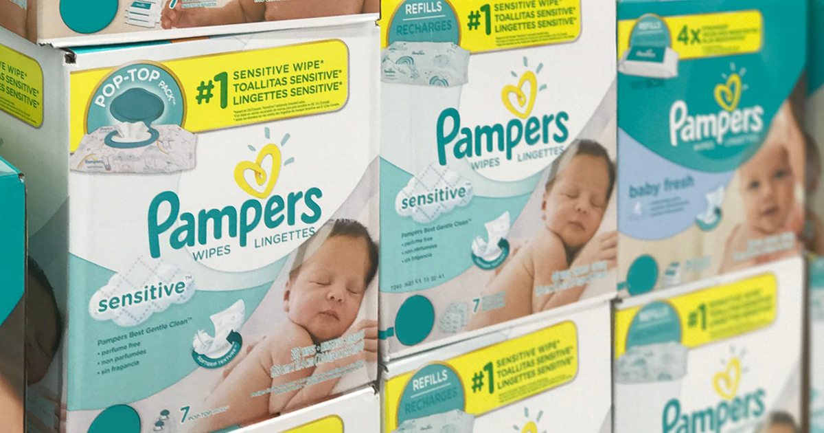 boxes of Pampers sensitive baby wipes