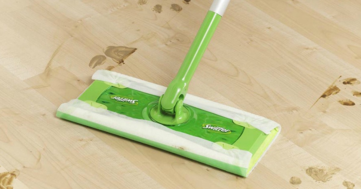 swiffer sweeper cleaning up mess on hardwood floor