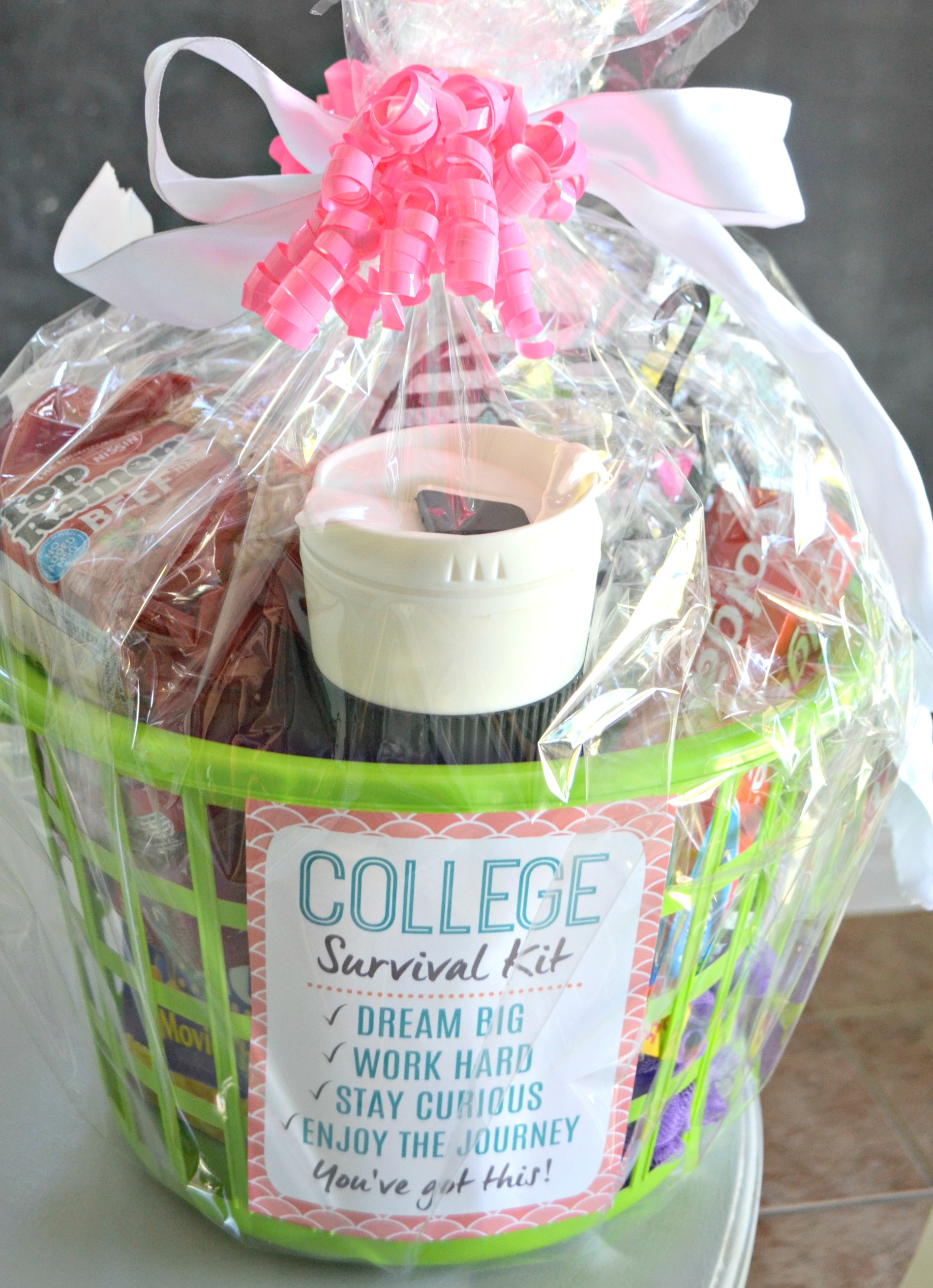 Dollar Tree DIY College Survival Kit with the printable is cellophane wrapped