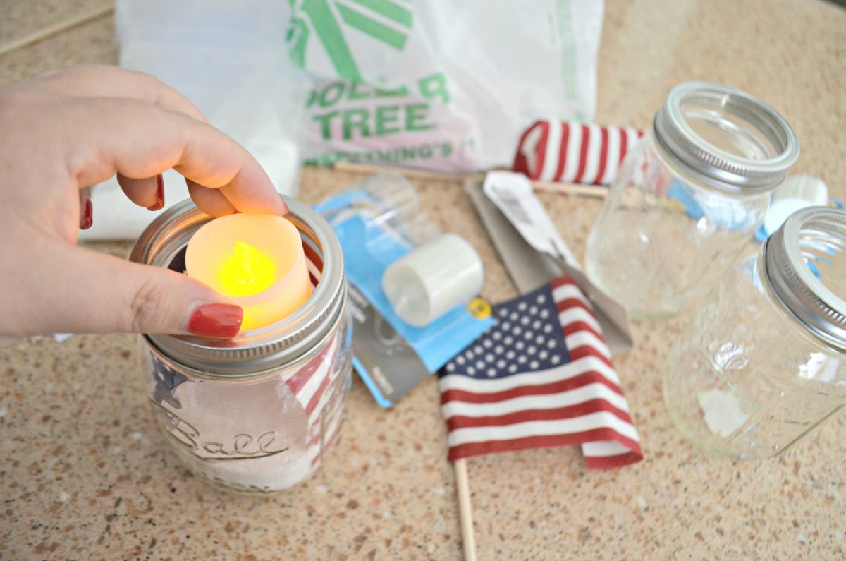 Dollar Tree 4th of July Craft Mason Jar Votives – adding flameless candles