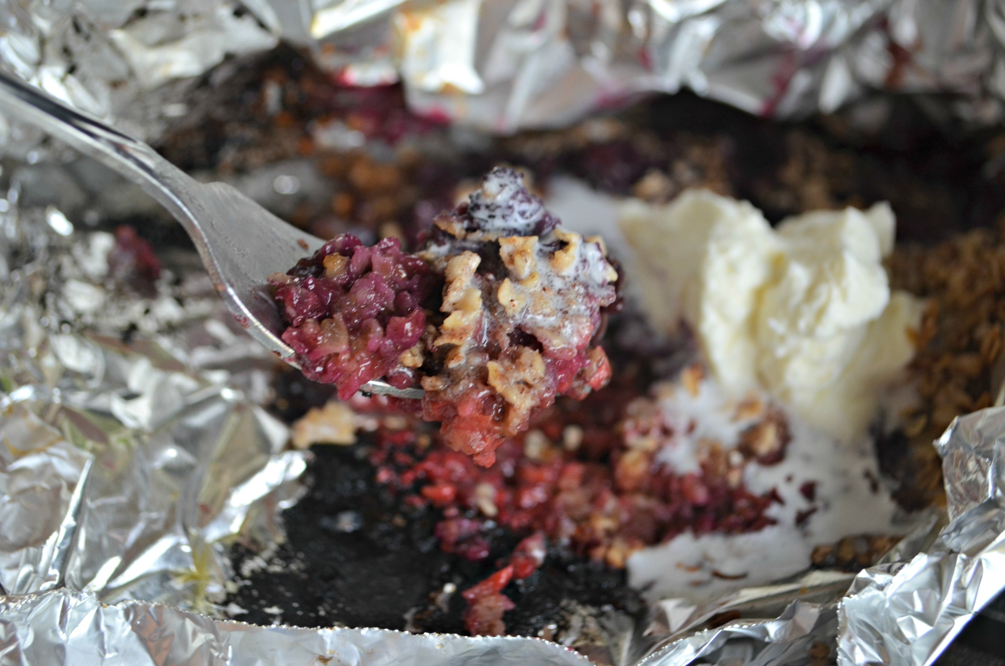 berry crisp packets for grilling or camping – a closeup of the final product with ice cream