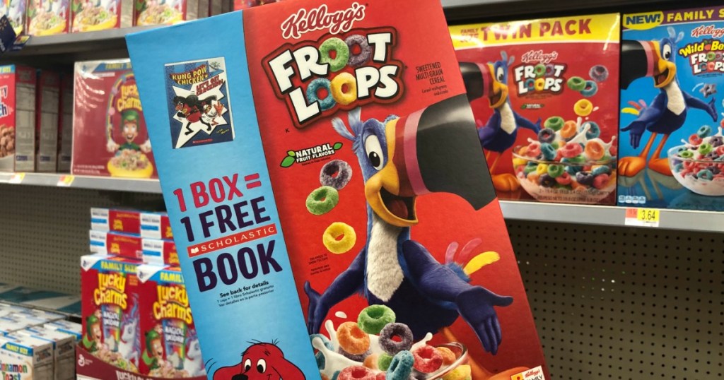 close up of a box of kelloggs froot loops with free book packaging