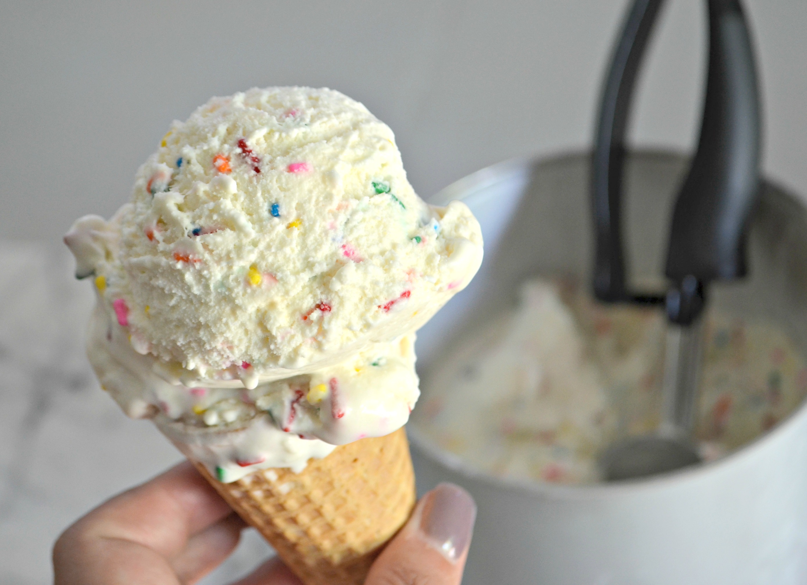 homemade cake batter ice cream – Scooped into a cone