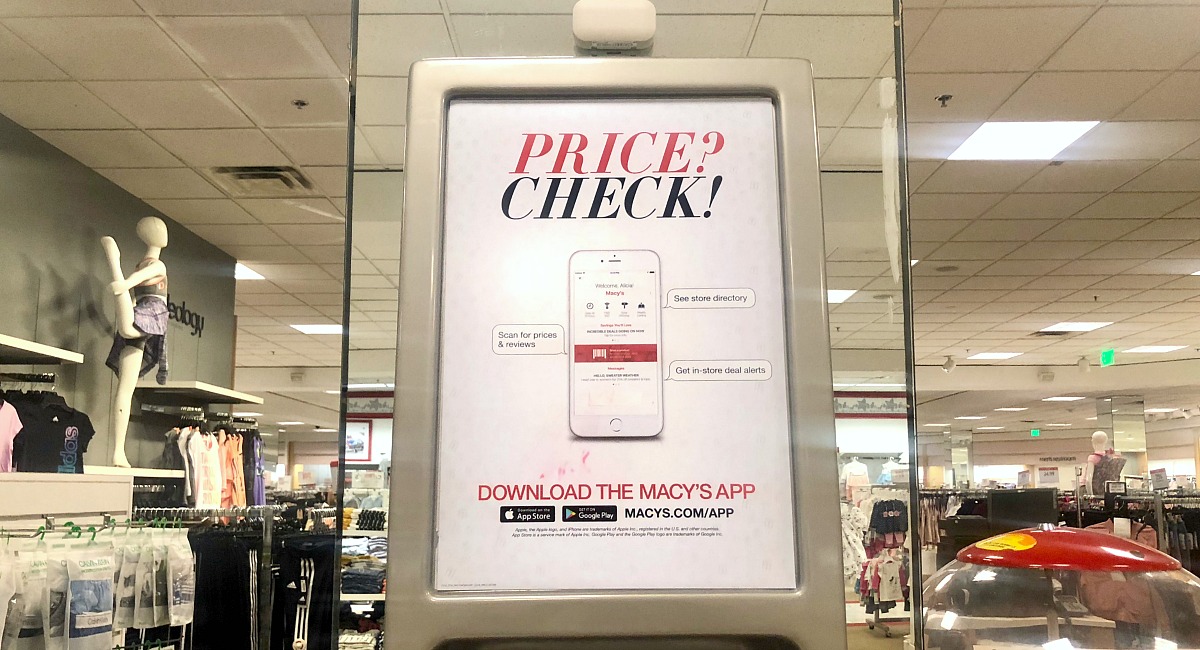 macy's shopping tips to save you money — price check signage about using the Macy's app