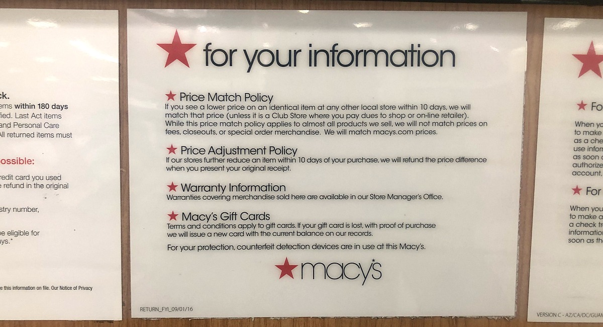 macy's shopping tips to save you money — price adjustment information signage