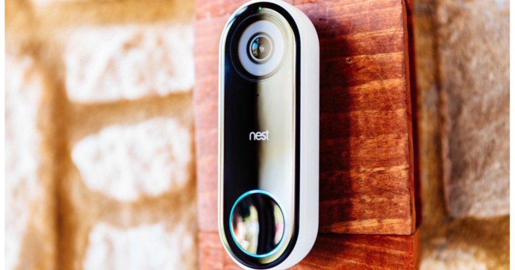 Nest Hello Video Doorbell shown on brick doorway