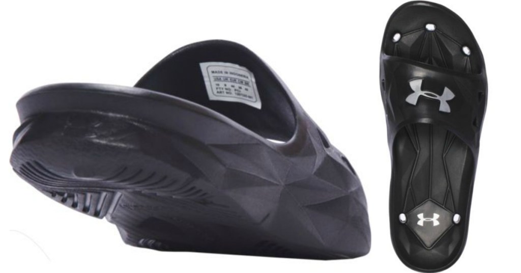 Rear view and top view of rugged Black Under Armour slides 