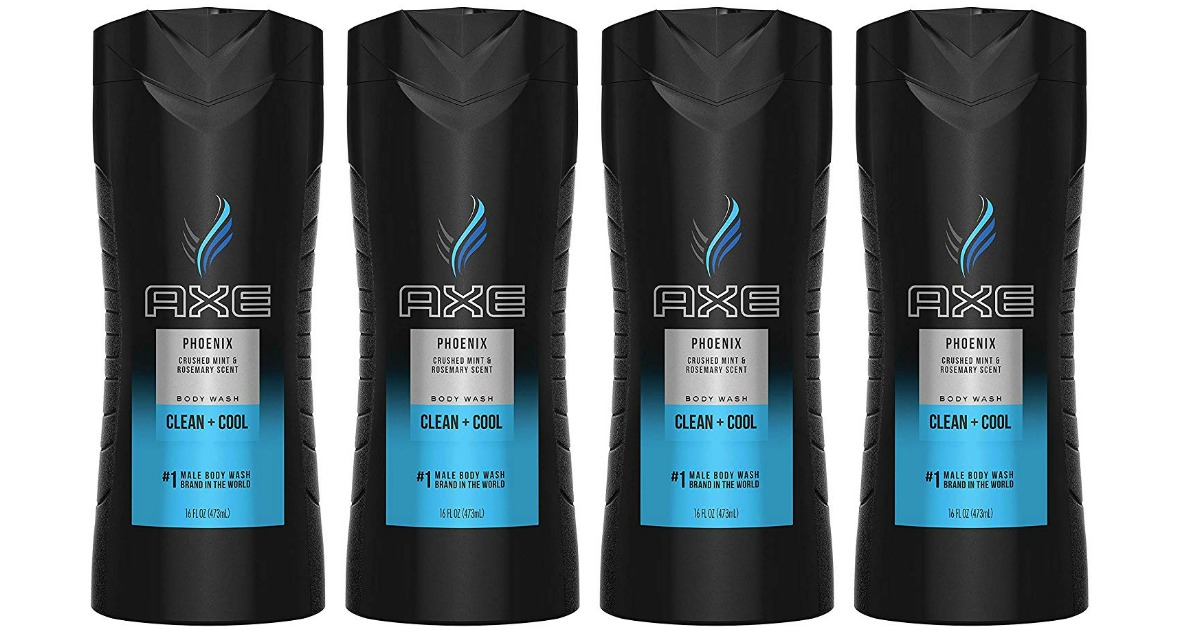 four bottles of AXE Phoenix Body Wash lined up next to each other